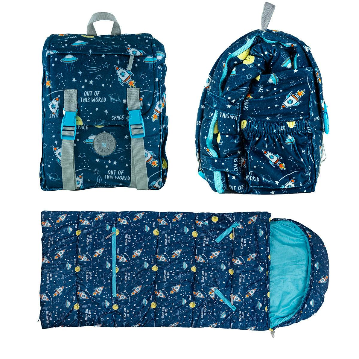 Sleep-n-Pack: Packable Little Kid's Sleeping Bag & Backpack, Cozy Mink, Space & Rockets