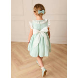 Wimbledon Stripe Hand Smocked Frill Collar Cap Sleeve Dress in Green (12mths- 10yrs)
