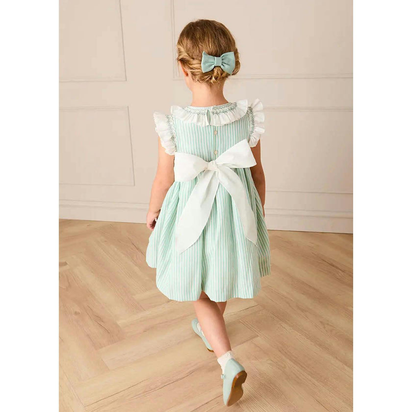 Wimbledon Stripe Hand Smocked Frill Collar Cap Sleeve Dress in Green (12mths- 10yrs)