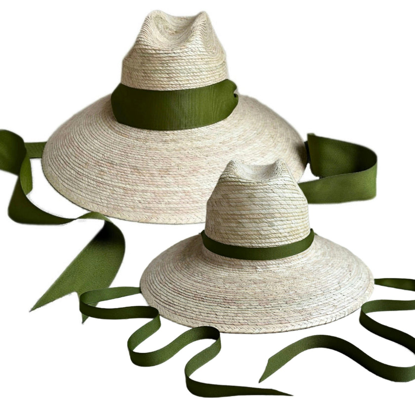 Mommy & Me Sun Hat Set - Hollyhock & Petunia - Long Olive Green Grosgrain Ribbon