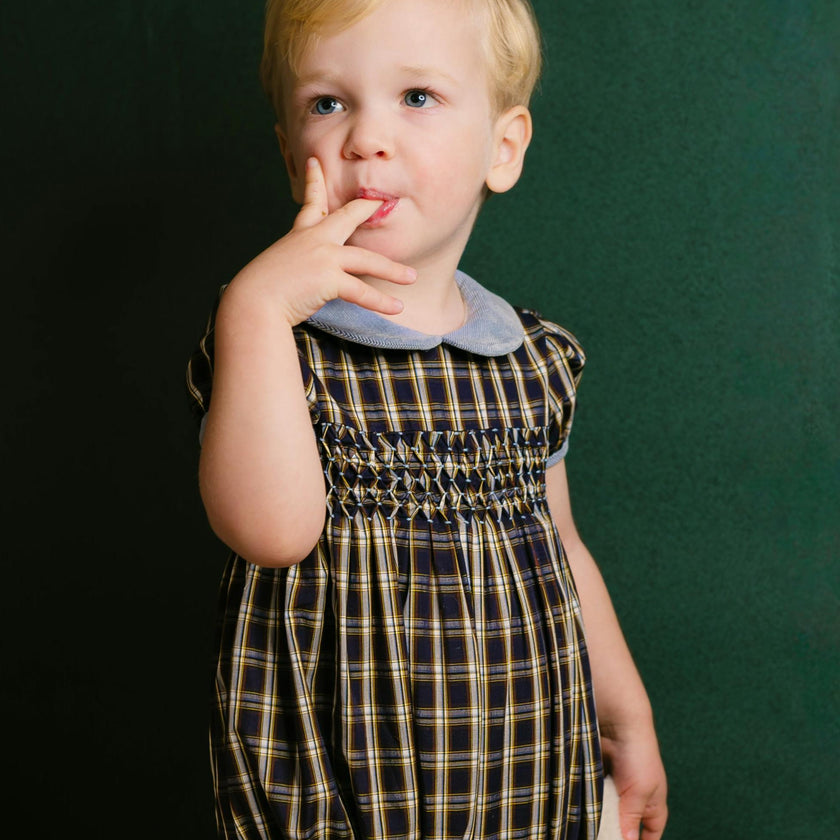 Angelica Navy Tartan Short Sleeve Smocked Bubble