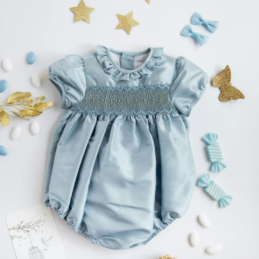 Astrid Blue Silk Smocked Baby Bubble