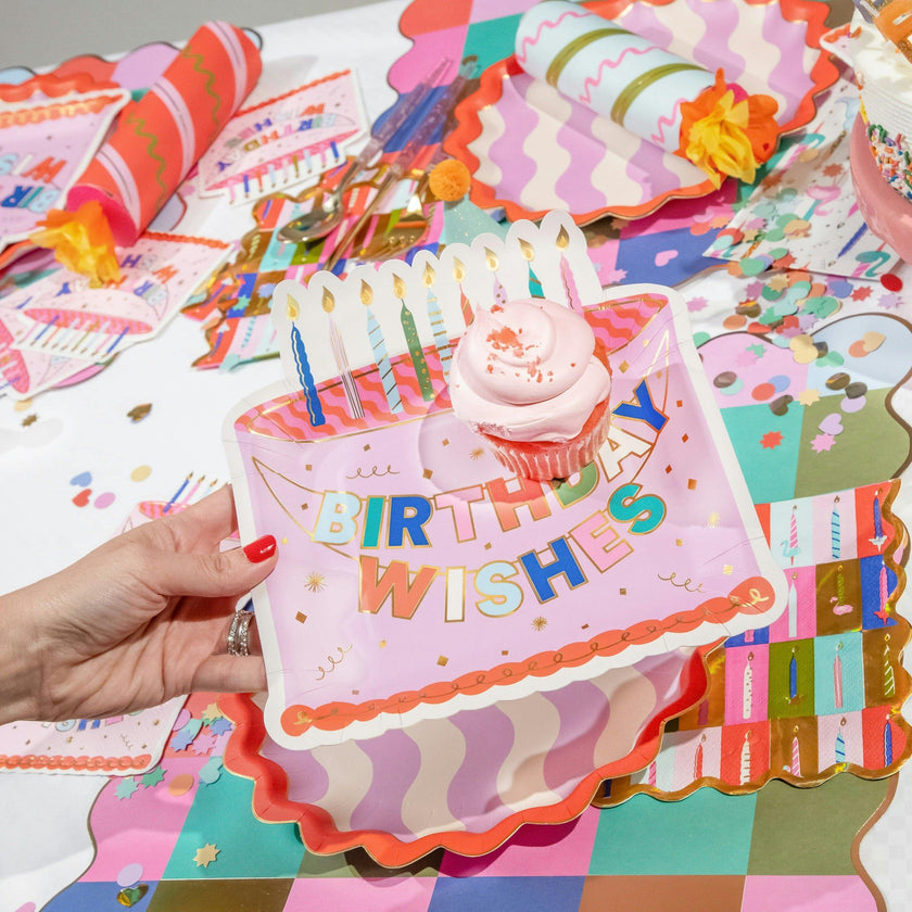 Packed Party Make a Wish Birthday Dessert Plates 10ct - Gold Foil Colorful Cake Design Party Plates, 8 Inch, 350 GSM