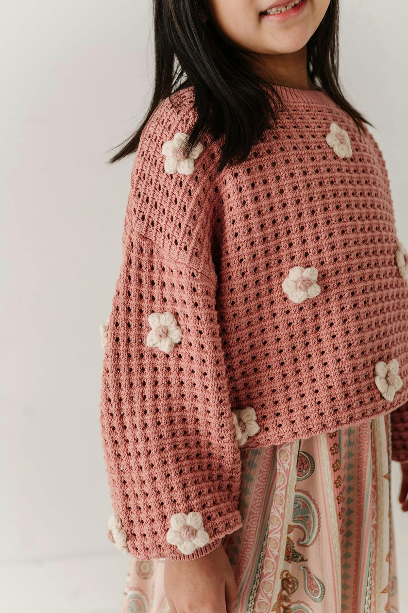 Girls Open Weave Long Sleeve Sweater in Terra Rose