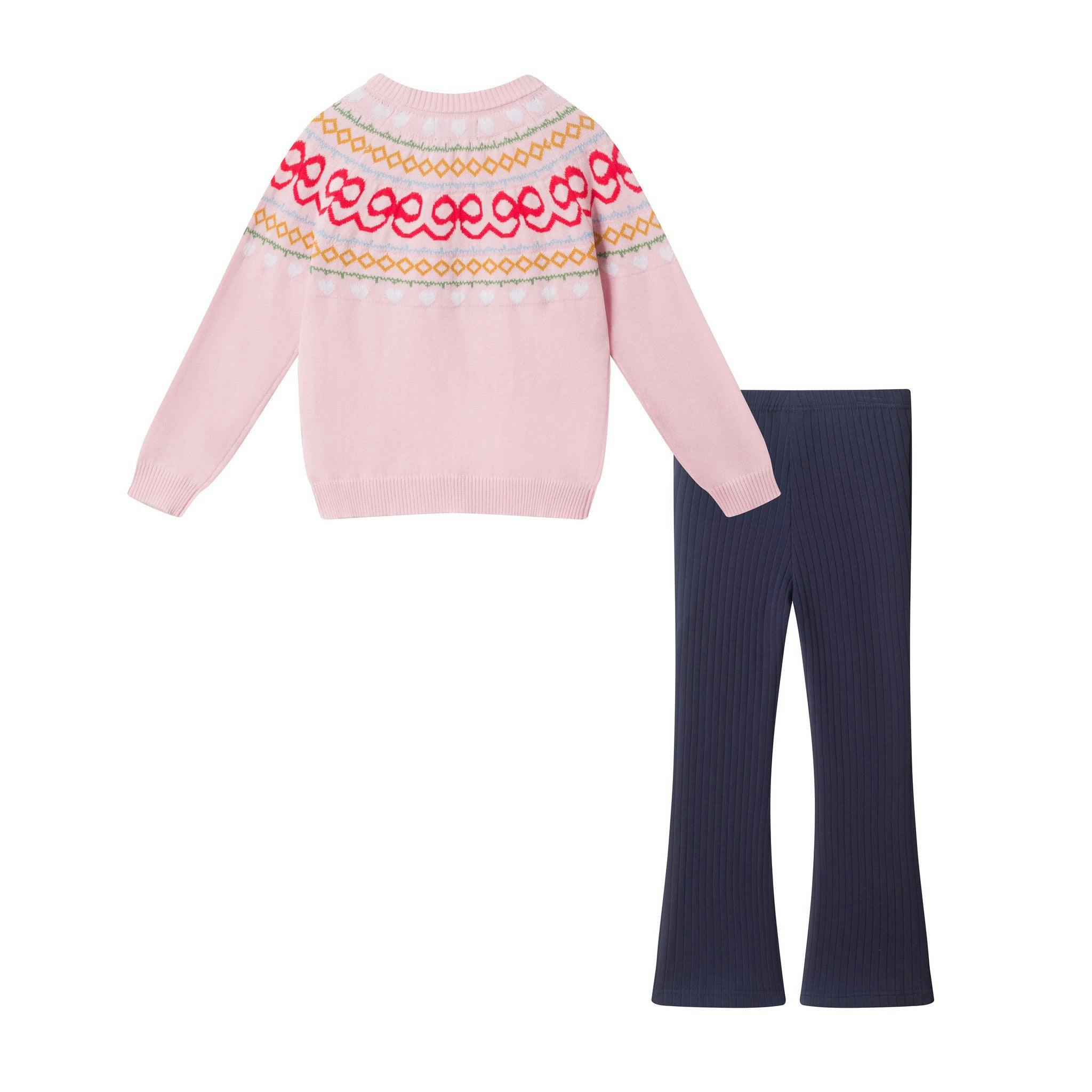 Girls Sweater & Flare Legging Set | Bow Fair Isle - Pink