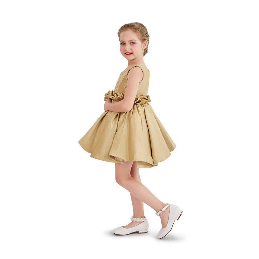 Gold Luminara Ruffle Waist Formal Dress