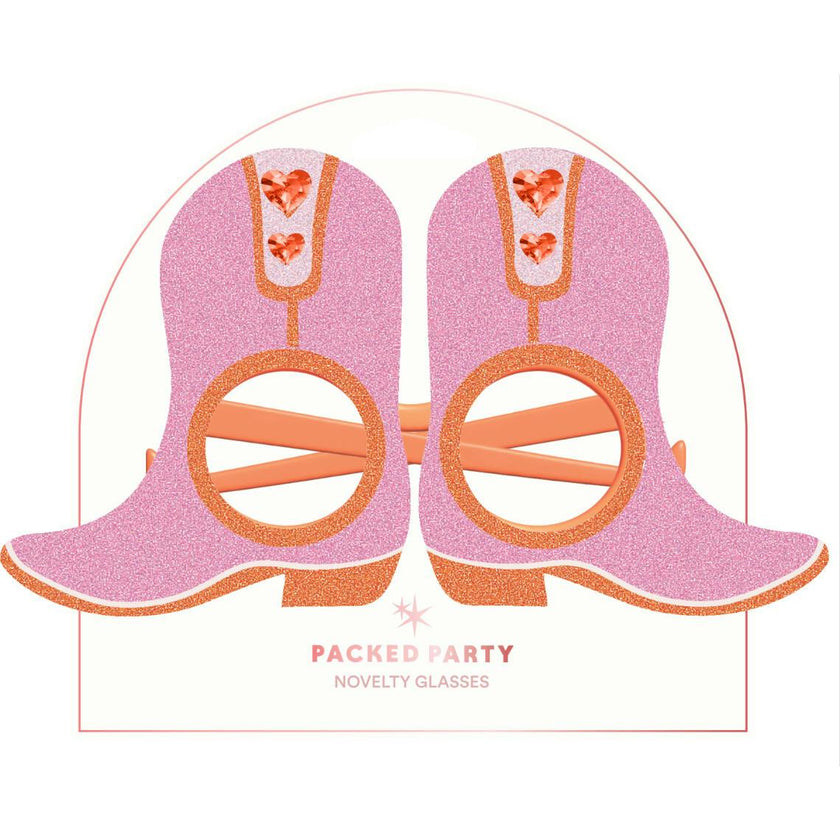 Packed Party Better in Boots Pink Glitter Cowboy Boot Novelty Party Glasses - Glitter Felt Boot Shape with Jewel Heart Details, One Size Fits All