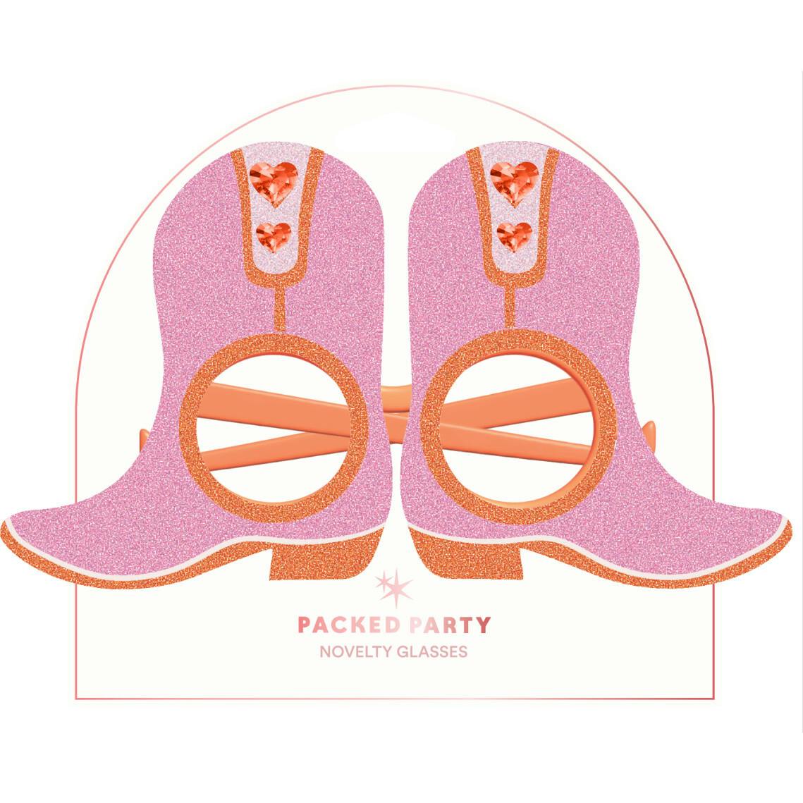 Packed Party Better in Boots Pink Glitter Cowboy Boot Novelty Party Glasses - Glitter Felt Boot Shape with Jewel Heart Details, One Size Fits All