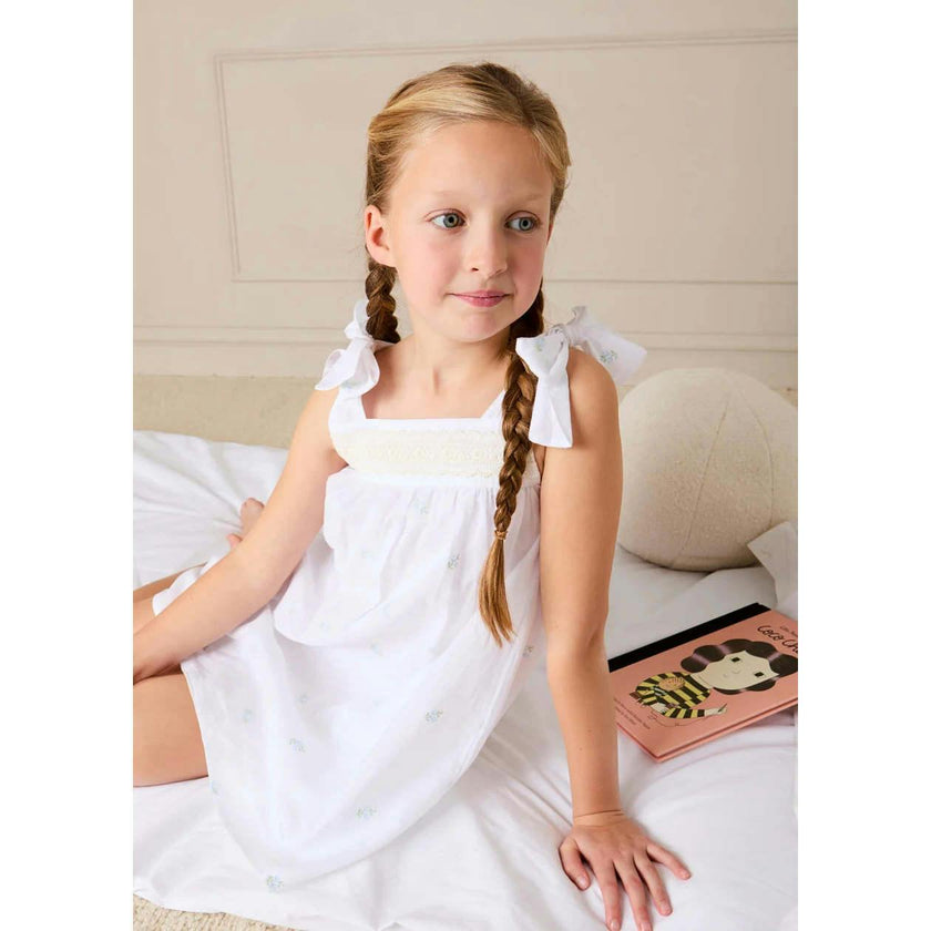 Bluebell Embroidered Bow Shoulder Tie Night Dress in White (18mths- 10yrs)