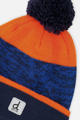 Winter Knit Hat with Pompom Color Block Orange and Blue