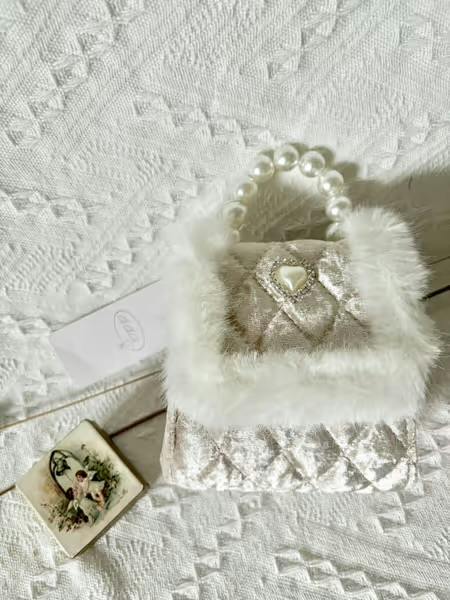 Velvet Fur Trimmed Diamond Heart Purse