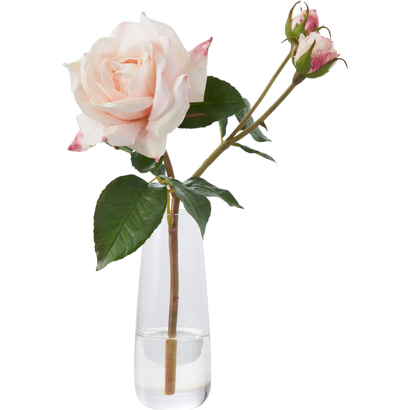 Blush Pink Real Touch Juliette Rose Stem & Buds in Fluted Glass Vase Everyday Spring Water Illusion