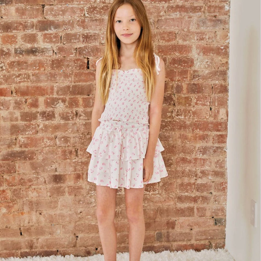 Georgia White With Pastel Pink Ditsy Satin Smocked Top