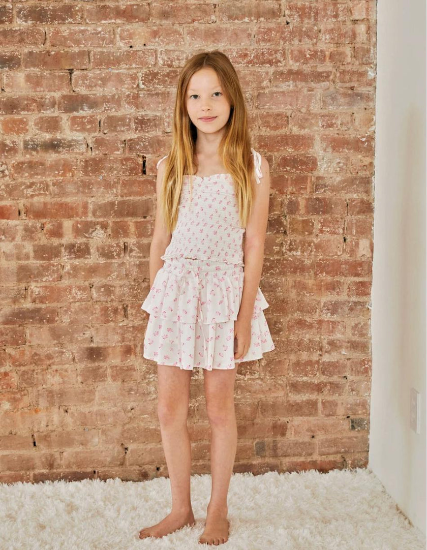 Georgia White With Pastel Pink Ditsy Satin Smocked Top