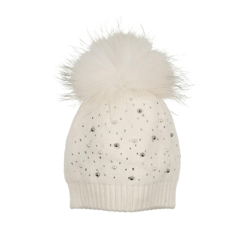 Pearl Studded Wool Hat With A Genuine Fur Pom (TikTok)