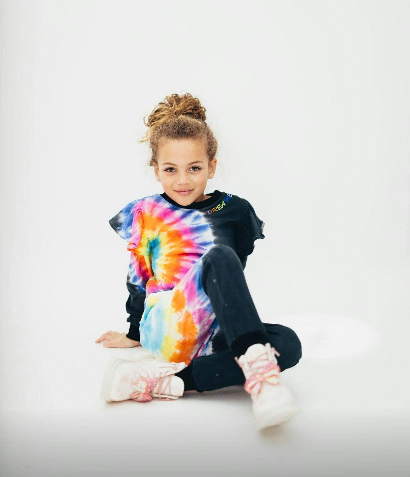 Rainbow Tie-Dye Ruffle Sweatshirt And Pant Set