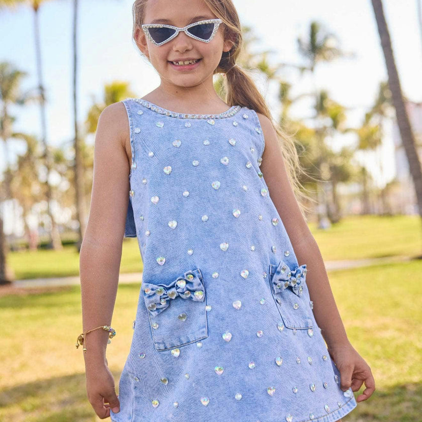 Crystal Heart Denim Bow Dress