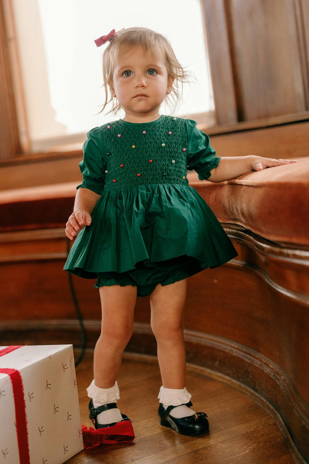 Baby Christmas Tree Dress Set in Emerald