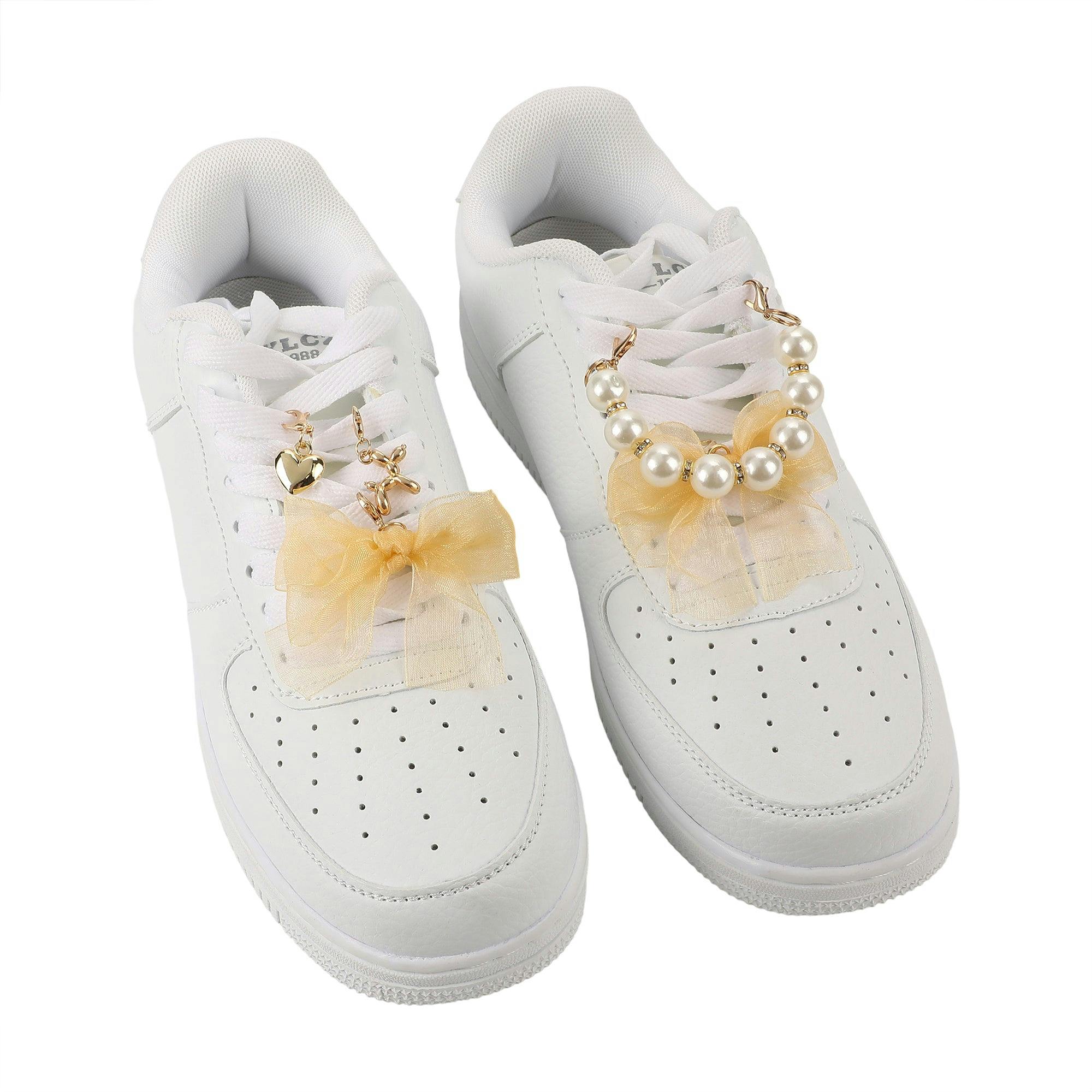 Packed Party Lace Bows and Gold Charms Shoe Charm Set 5pc - Lace Bow, Gold Star, Heart Charm, and Beaded Flower with Lobster Clips for Sneakers, 2.75x3.3 Inch