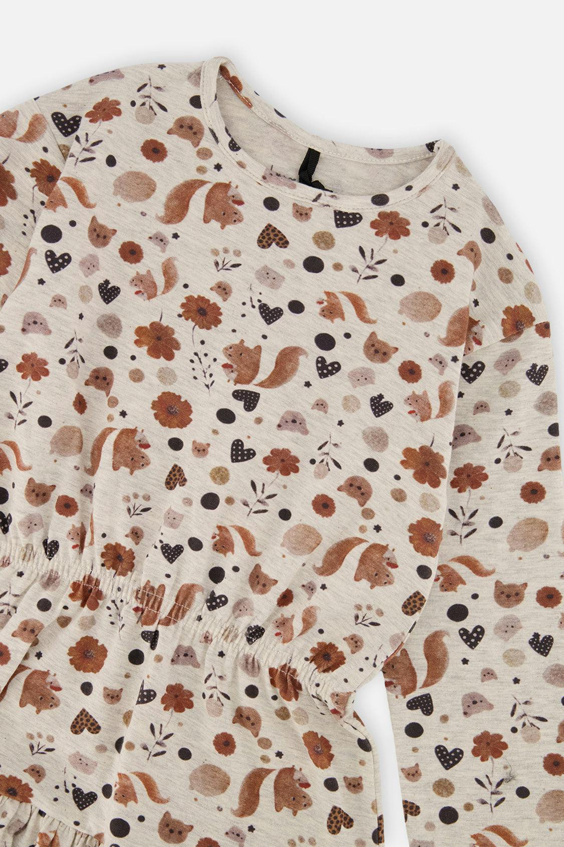 Organic Cotton Dress Beige With Squirrel Print