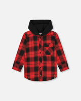 Plaid Flannel Shirt with Hoodie Red and Black