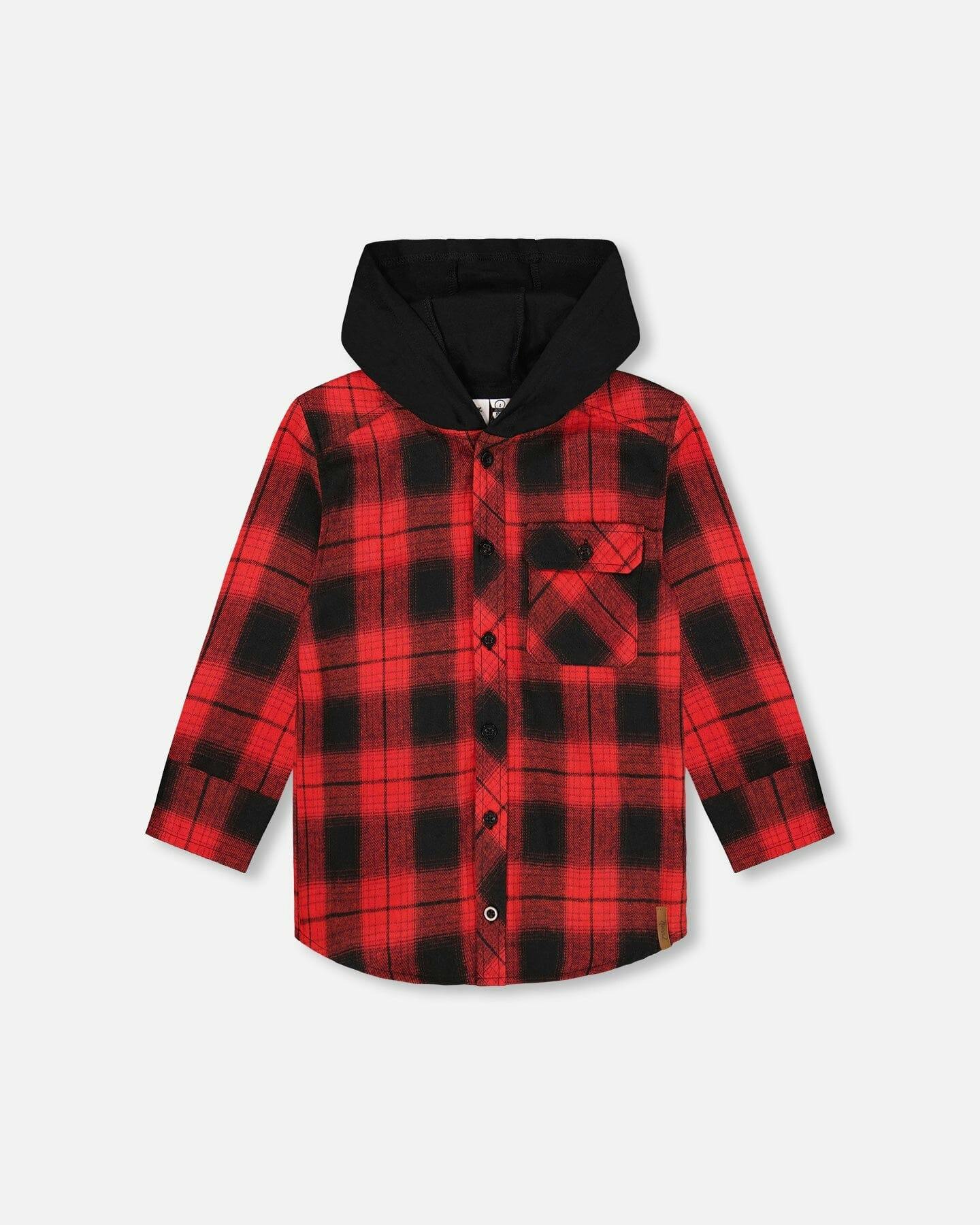 Plaid Flannel Shirt with Hoodie Red and Black