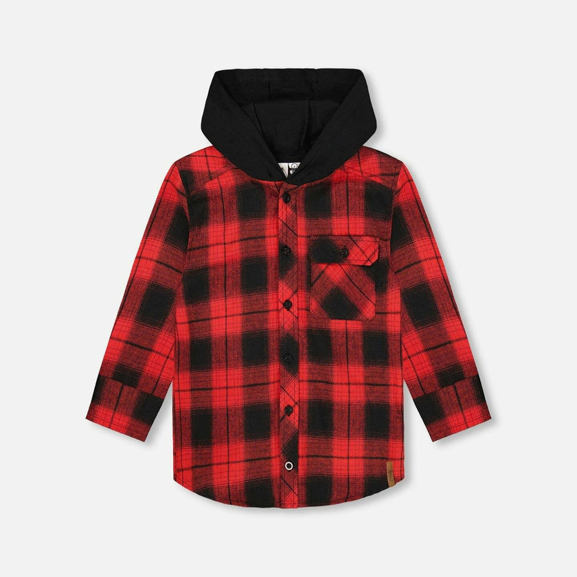 Plaid Flannel Shirt with Hoodie Red and Black