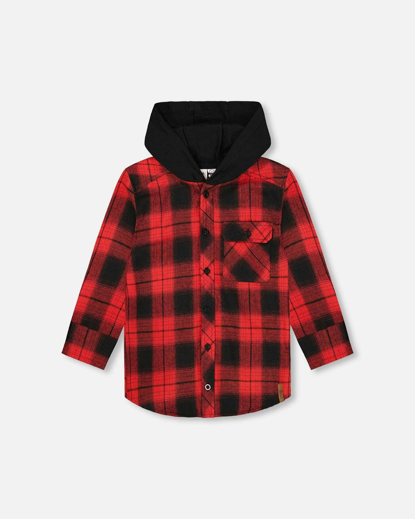 Plaid Flannel Shirt with Hoodie Red and Black