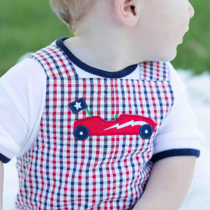 Plaid Seersucker Shortall With Derby Car
