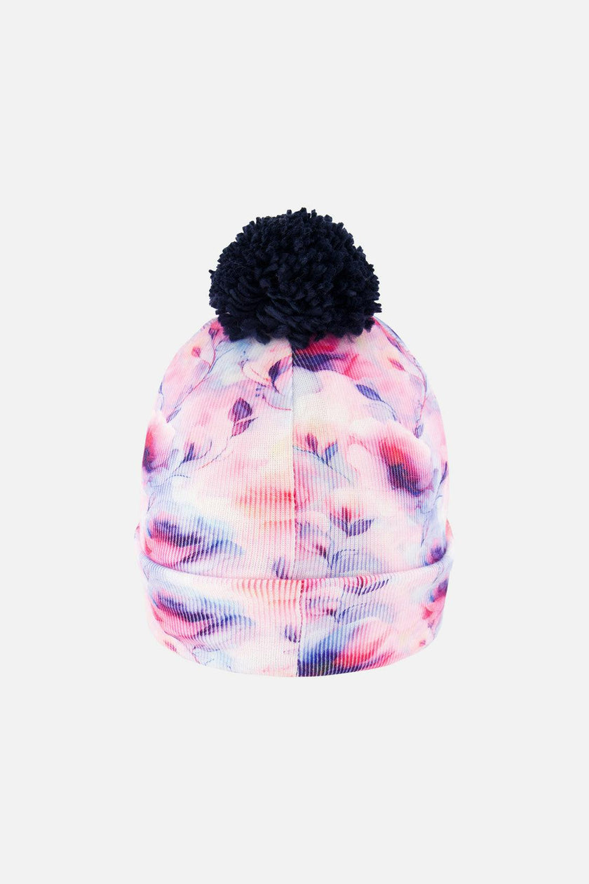 Winter Knit Hat With Pompom Mauve Printed Flowers