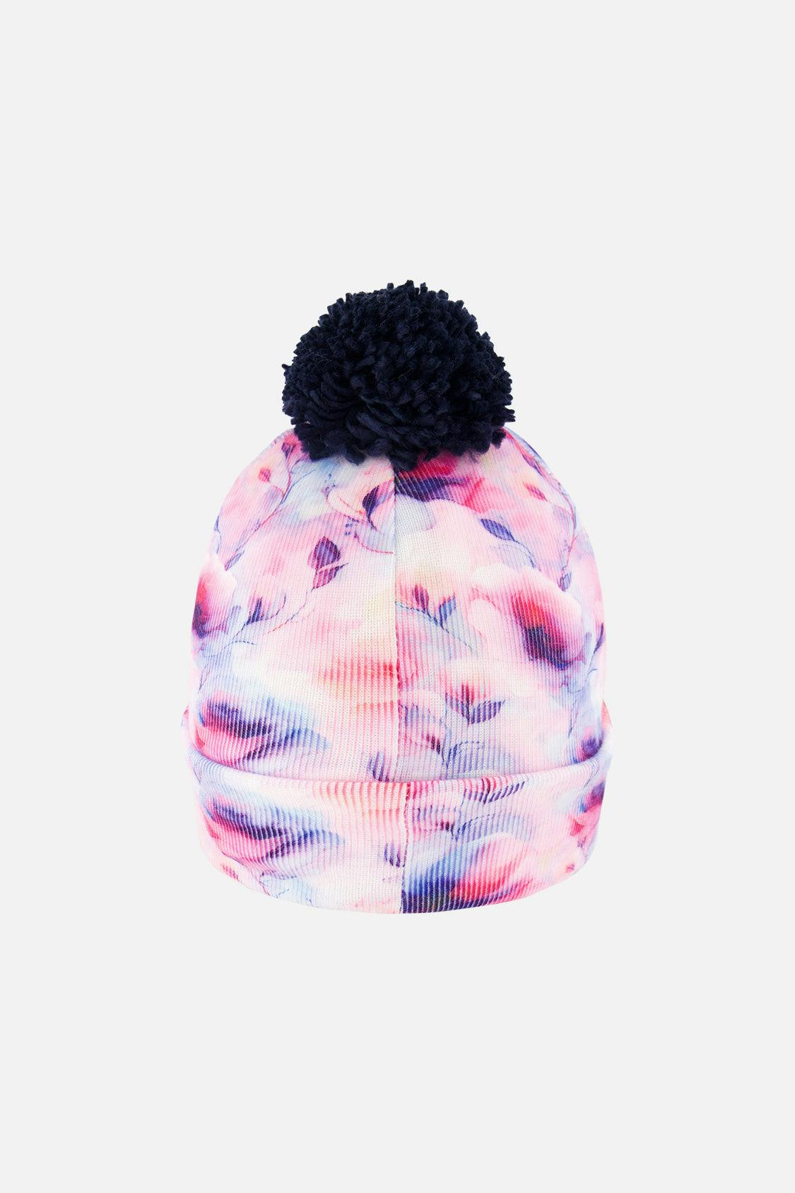 Winter Knit Hat With Pompom Mauve Printed Flowers