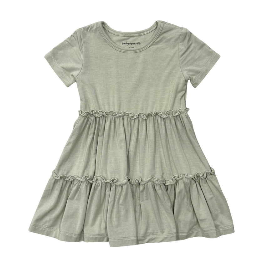 Girls Short Sleeve Double Tiered Dress in Sage