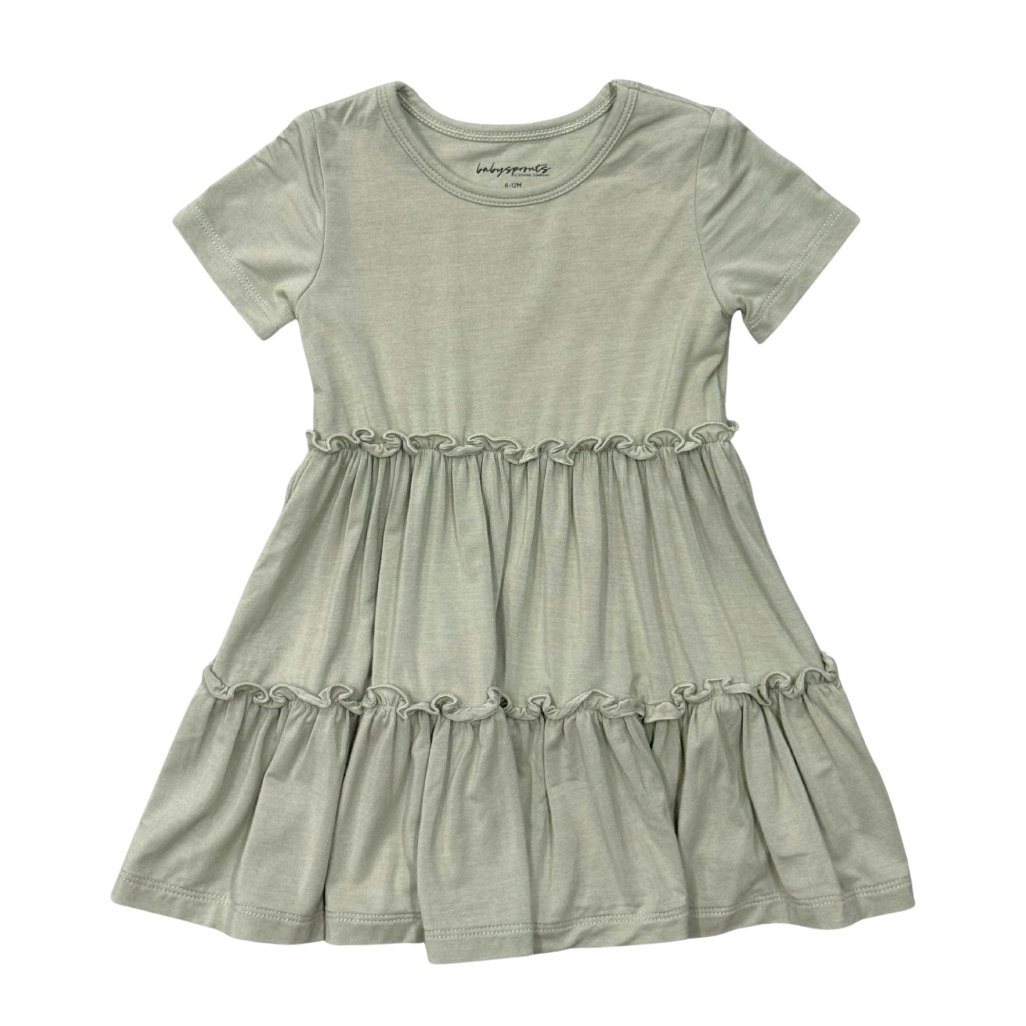 Girls Short Sleeve Double Tiered Dress in Sage