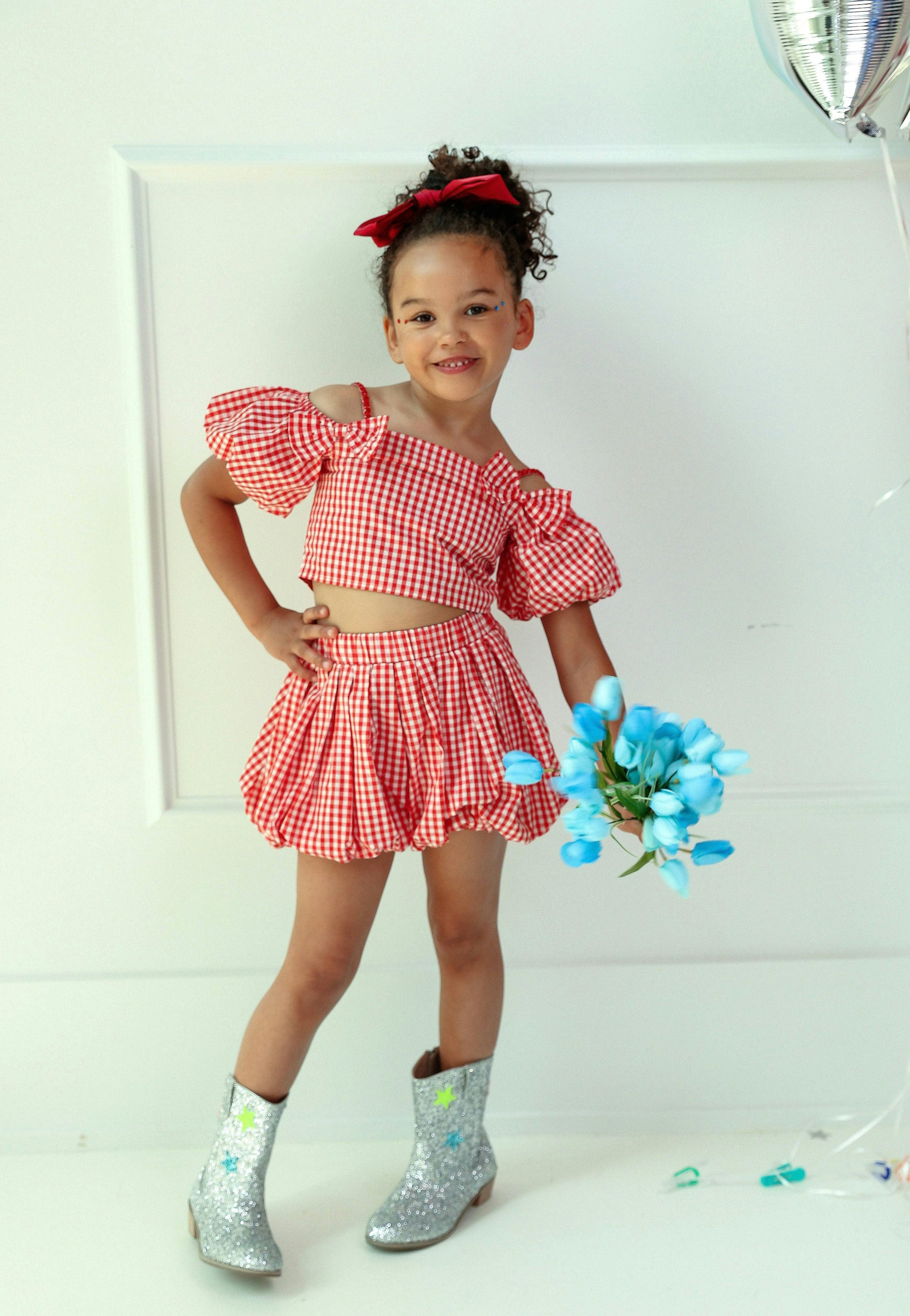 Plaid Bow Bubble Skort Set