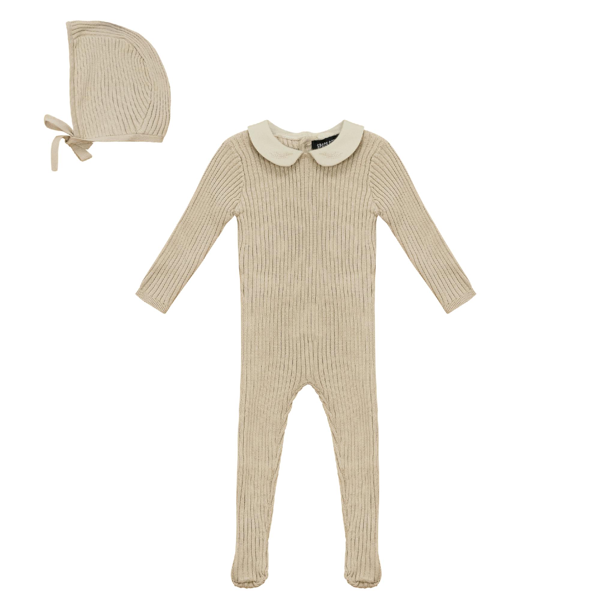 Knitted Ruffle Collar Button Front Romper and Bonnet Two Piece Set