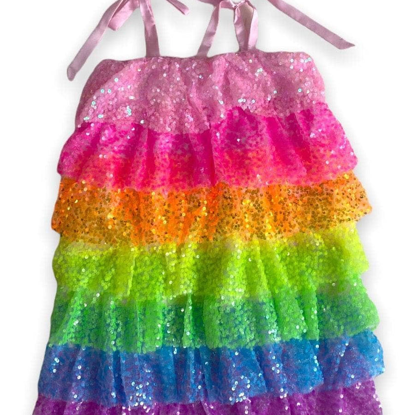 Neon Sequin Ruffle Dress With Tie Shoulders
