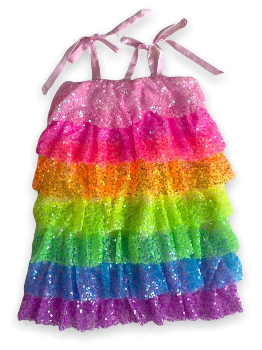 Neon Sequin Ruffle Dress With Tie Shoulders