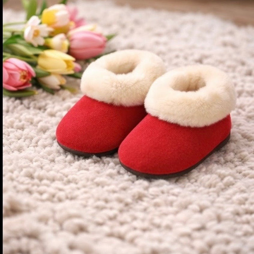 Fur Baby and Kids Booties Slippers, Red