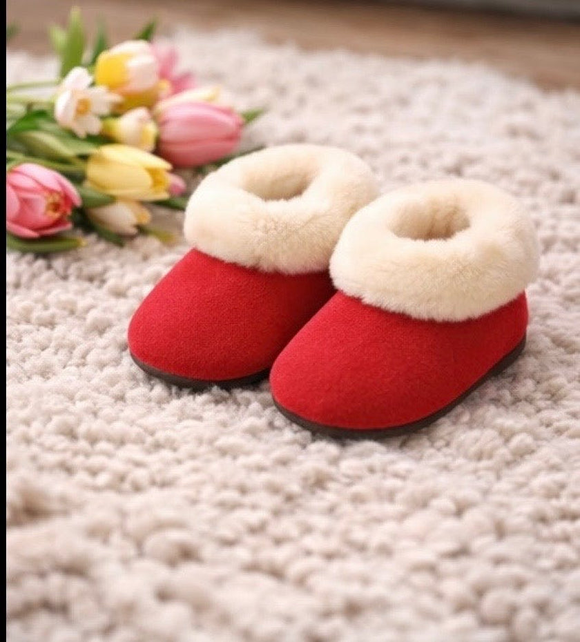 Kids Genuine Alpaca Fur Slippers | Handmade in Peru | Naturally Hypoallergenic | Crimson Berry