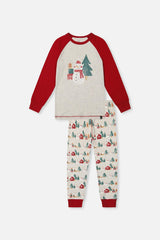 Organic Cotton Two Piece Christmas Pajama Set Beige Christmas Print