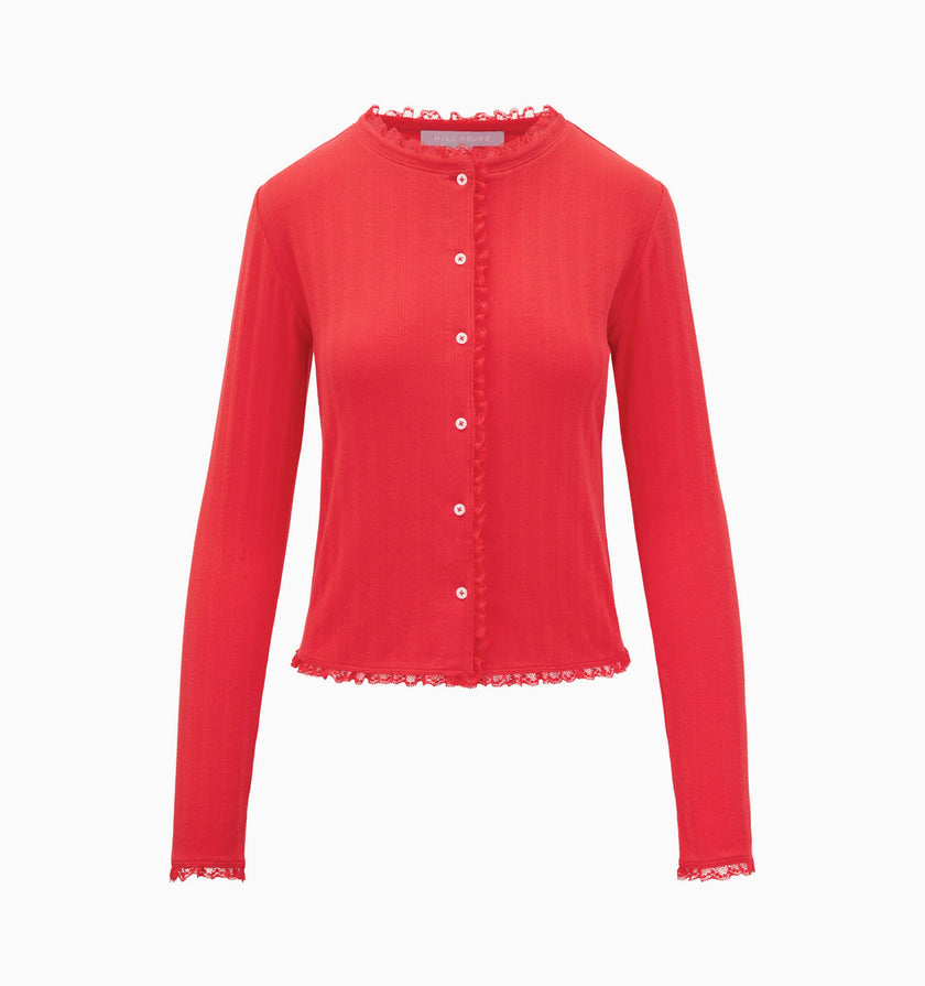 The Kaelie Pointelle Cardigan - Candy Apple Red