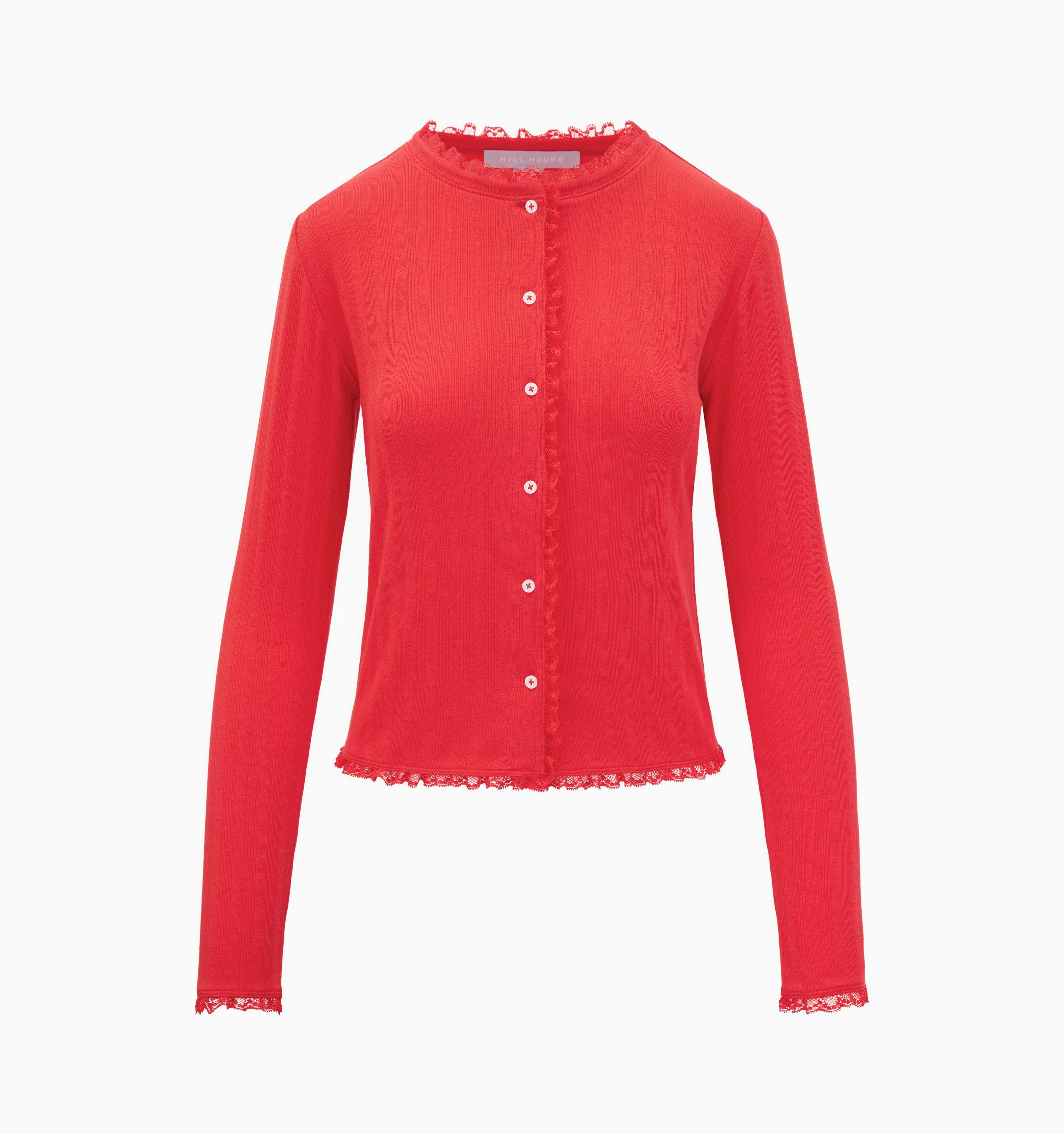 The Kaelie Pointelle Cardigan - Candy Apple Red