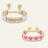 Mini & Me: Small White & Gold MAMA + Pink Kids Hearts Beaded Bracelet Set