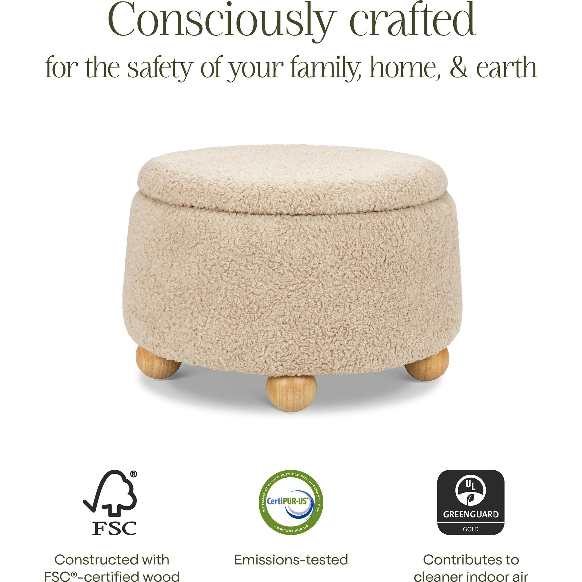 Tuffet Storage Ottoman in Chai Shearling with Honey Ball Feet