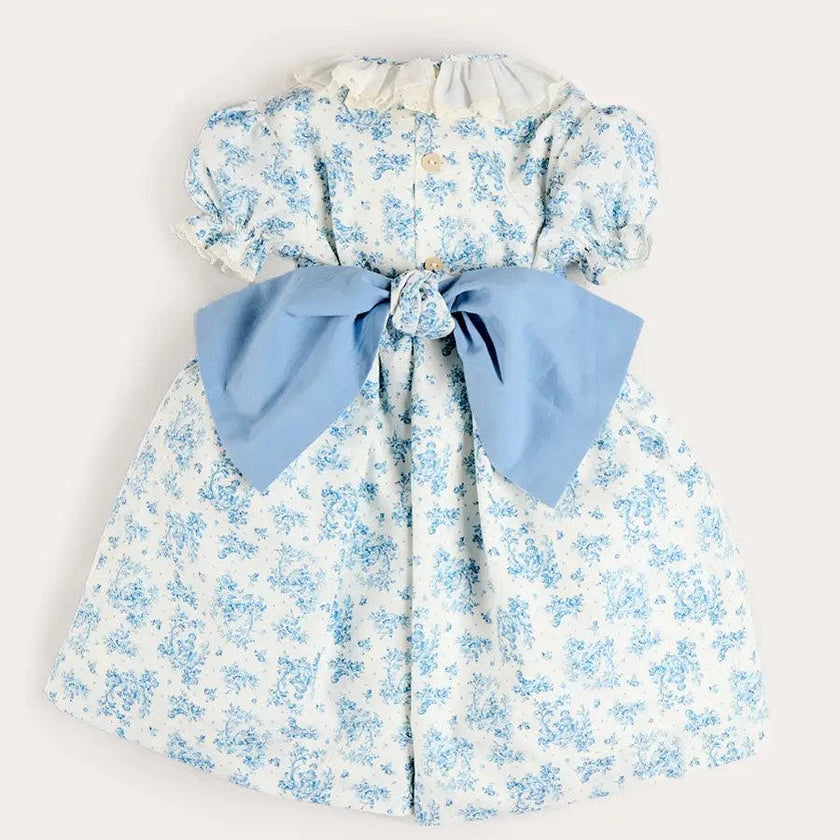 Audrey Toile Hand Smocked Ruffle Collar Short Sleeve Dress in Blue (12mths- 10yrs)
