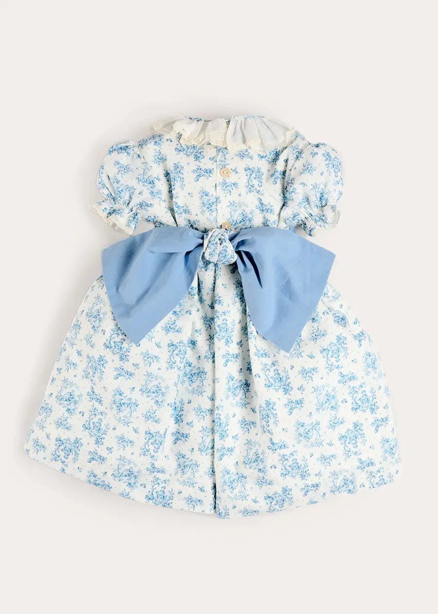 Audrey Toile Hand Smocked Ruffle Collar Short Sleeve Dress in Blue (12mths- 10yrs)