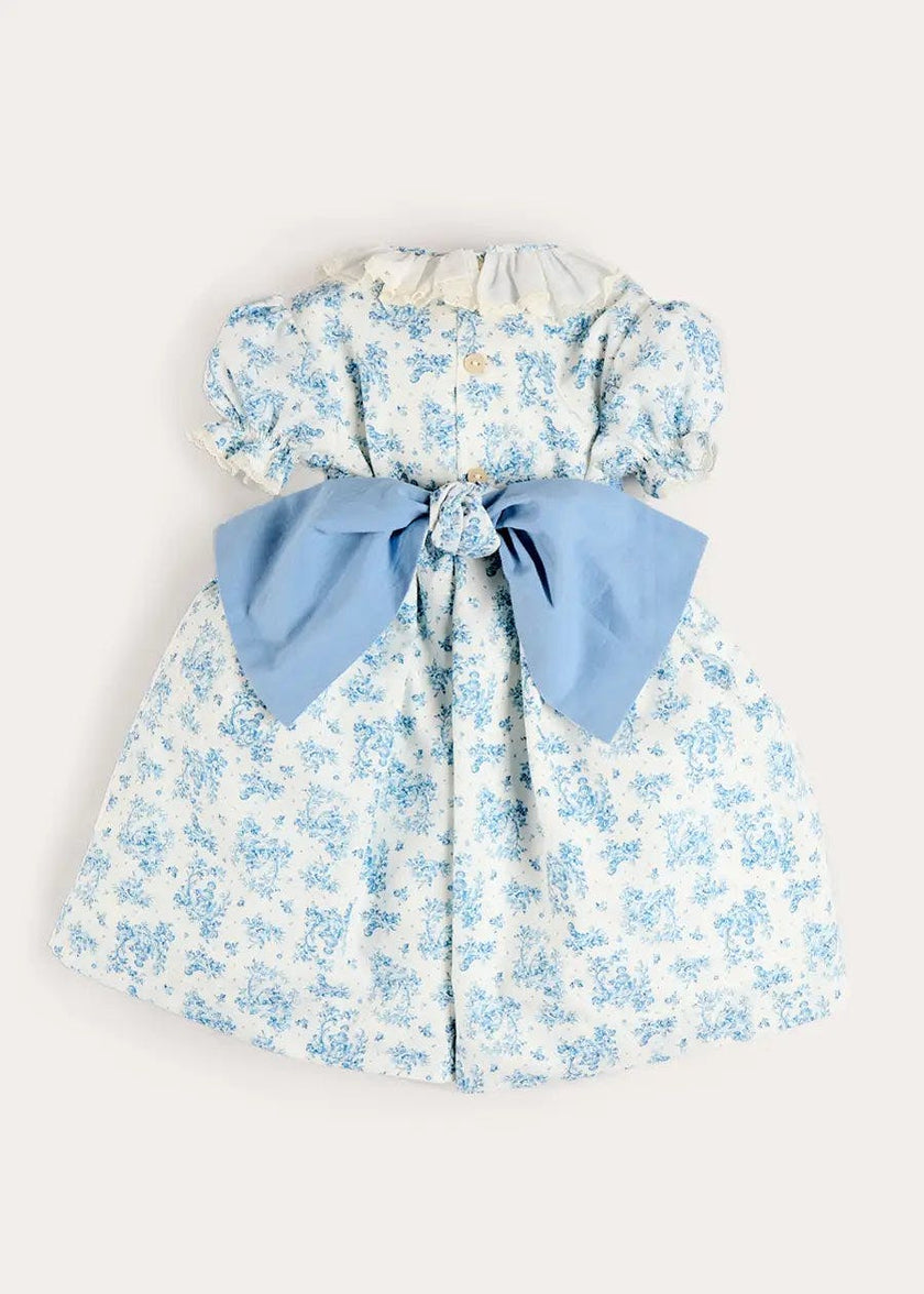 Audrey Toile Hand Smocked Ruffle Collar Short Sleeve Dress in Blue (12mths- 10yrs)