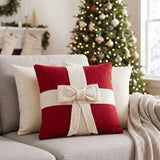 Cream Bow Red- Christmas Pillow Cover Hand Felted Wool - 20" / 14"
