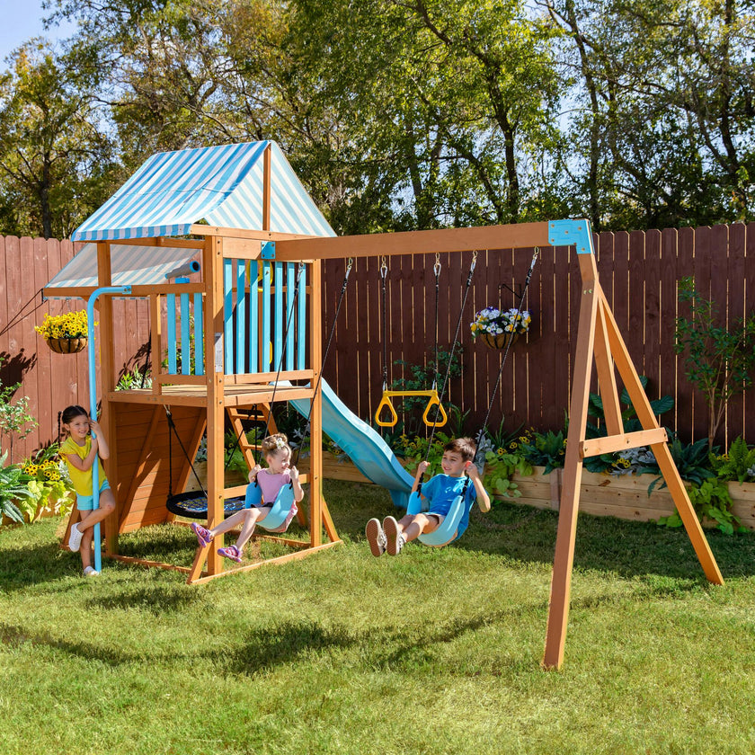 Teamson Kids Laguna Wooden Swing Set with Slide & Rock Wall