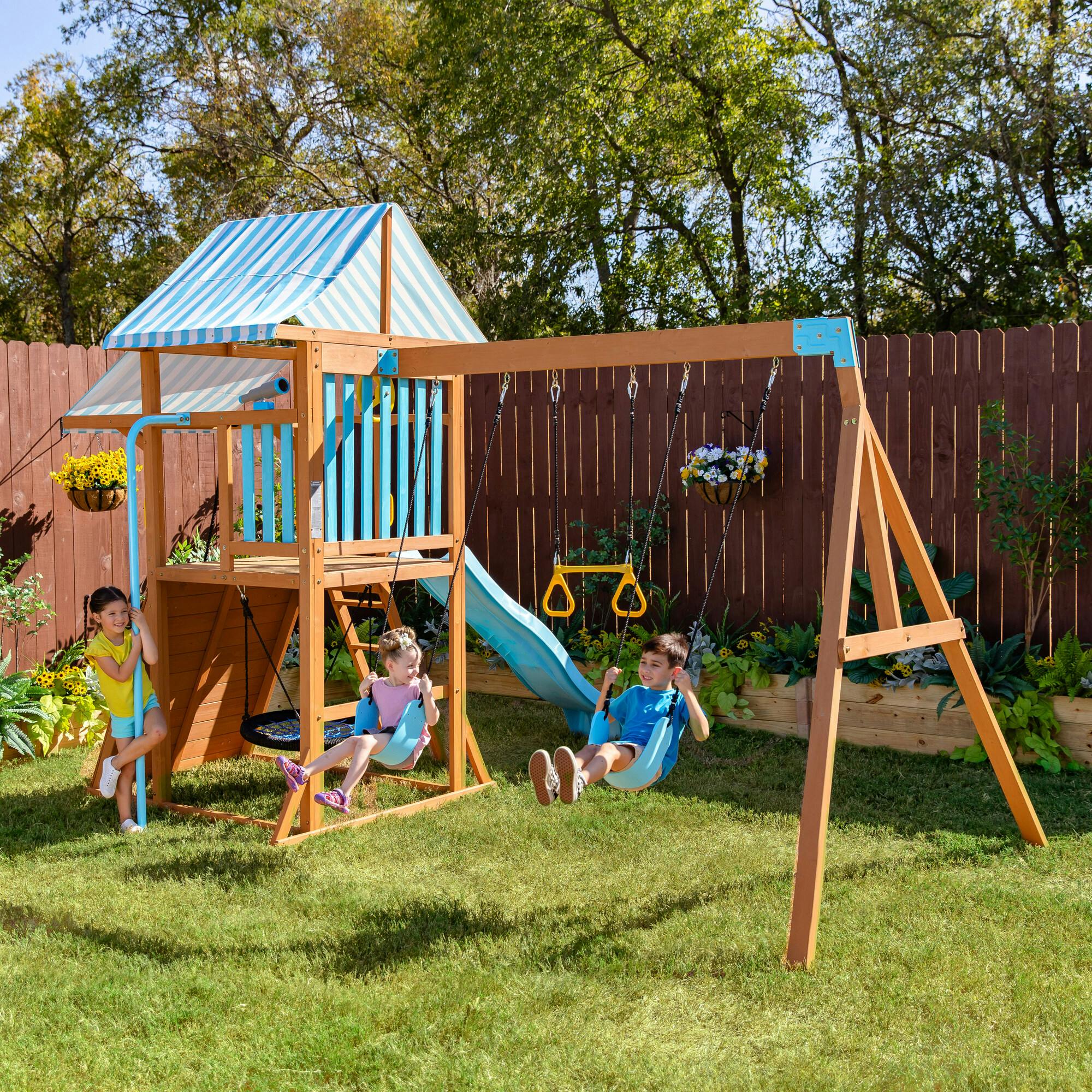 Teamson Kids Laguna Wooden Swing Set with Slide & Rock Wall